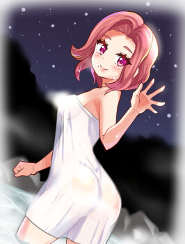 1girl ass character_request closed_mouth commentary_request commission cougar_(cougar1404) looking_at_viewer outdoors purple_eyes red_hair skeb_commission smile solo towel