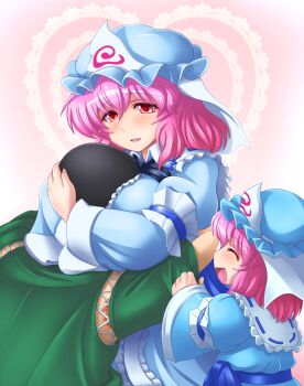 2girls ^_^ age_difference artist_self-insert bad_id bad_pixiv_id breast_smother breasts child closed_eyes closed_eyes female_focus hat hug ko-yuyuko_(shin'en) large_breasts mother_and_daughter multiple_girls open_mouth pink_eyes pink_hair saigyouji_yuyuko shin'en-san_(shin'en) shin'en_(gyokuro_company) short_hair smile tattoo touhou triangular_headpiece