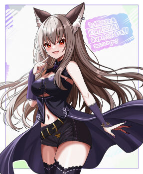 1girl absurdres animal_ear_fluff animal_ear_piercing animal_ears black_dress black_nails black_shorts black_thighhighs breasts brown_hair commentary_request commission cowboy_shot dated detached_sleeves dress fingernails hair_between_eyes hand_up highres index_finger_raised inset_border long_hair looking_at_viewer medium_breasts nail_polish navel open_mouth original red_eyes short_shorts shorts skeb_commission smile solo thighhighs white_background wispy_bangs yanapy