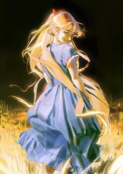 Rule 34 | 1girl, absurdres, black background, blonde hair, bloom, blue dress, braid, chinese commentary, commentary request, dress, dungeon meshi, elf, feet out of frame, floating clothes, floating hair, frilled sleeves, frills, from behind, full body, green eyes, highres, long hair, looking at viewer, looking back, marcille donato, pointy ears, red ribbon, ribbon, ruilibing, short sleeves, side braid, smile, solo, very long hair, wheat field