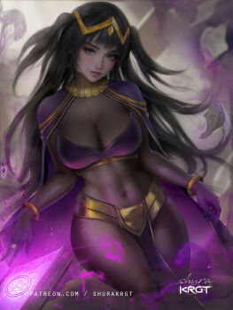 1girl artist_name black_eyes black_hair bodysuit book breasts cape energy fire_emblem gold jewelry large_breasts leotard long_hair magic nintendo paper pentagram ring see-through_bodysuit see-through_clothes see-through_leotard shurakrgt smoke spell tharja_(fire_emblem)