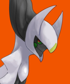 animal_focus arceus colored_sclera from_side gen_4_pokemon green_sclera highres legendary_pokemon looking_at_viewer mythical_pokemon nintendo no_humans pokemon pokemon_(creature) portrait profile red_background red_eyes rey_(pixiv_95560830) simple_background solo