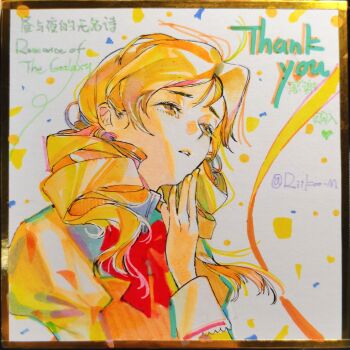 1girl absurdres blonde_hair bow bowtie chinese_commentary commentary_request confetti drill_hair eyelashes flower_hairpin frown hair_over_shoulder hand_on_own_chin highres juliet_sleeves lace-trimmed_sleeves lace_trim long_hair long_sleeves mahou_shoujo_madoka_magica mahou_shoujo_madoka_magica_(anime) mitakihara_school_uniform nail_polish parted_lips pointy_nose puffy_sleeves red_bow red_bowtie ribbon riko-m sad school_uniform shirt sleeve_cuffs solo thank_you tomoe_mami traditional_media turtleneck turtleneck_shirt twin_drills twitter_username upper_body white_background yellow_eyes yellow_nails yellow_ribbon yellow_shirt