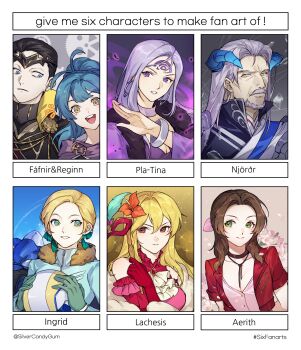 2boys 5girls :d aerith_gainsborough alternate_costume blonde_hair breasts brown_hair cleavage facial_hair fafnir_(fire_emblem) final_fantasy final_fantasy_vii fire_emblem fire_emblem:_genealogy_of_the_holy_war fire_emblem:_three_houses fire_emblem_heroes flower green_eyes hair_flower hair_ornament highres ingrid_brandl_galatea ingrid_brandl_galatea_(timeskip) lachesis_(fire_emblem) lachesis_(masquerade)_(fire_emblem) long_hair looking_at_viewer looking_to_the_side multiple_boys multiple_drawing_challenge multiple_girls mustache nintendo njordr_(fire_emblem) open_mouth reginn_(fire_emblem) s-force_pla-tina short_hair silvercandy_gum six_fanarts_challenge smile yu-gi-oh!