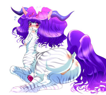 Rule 34 | ass, blush, bow, centaur, hooves, horns, ishukandaru, looking back, monster girl, nude, pointy ears, purple hair, pussy, striped, tail, taur, uncensored, zebra