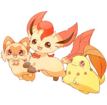 Rule 34 | alternate color, alternate shiny pokemon, animal focus, autumn leaves, blush, brown eyes, cat, chikorita, closed mouth, commentary request, gen 2 pokemon, gen 4 pokemon, highres, leaf, leafeon, mimix, nintendo, no humans, open mouth, pokemon, pokemon (creature), pokemon focus, red eyes, simple background, smile, sprigatito, white background