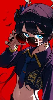 1girl absurdres black_nails blue_archive blue_eyes braid braided_bun bright_pupils dragon_print earrings grey_halo hair_bun halo highres jewelry kisaki_(blue_archive) looking_at_viewer midriff munbinggu navel necktie red_background solo stomach sunglasses tie_clip