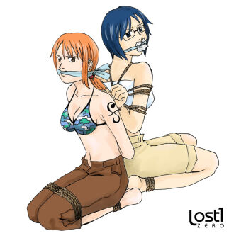 2girls arm_tattoo arms_behind_back artist_name bare_arms bare_shoulders bdsm bikini bikini_top_only black_eyes blue_hair bondage bound brown_eyes female_focus from_side full_body gagged looking_at_viewer lost_one_zero midriff mouth_stuffed multiple_girls nami_(one_piece) nami_(one_piece)_(skypiea) navel one_piece orange_hair pants sitting strapless swimsuit tashigi tattoo tied_up_(nonsexual) tube_top