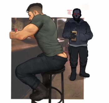 2boys ass ass_peek bara black_hair black_pants boots call_of_duty call_of_duty:_modern_warfare_2 cup ghost_(modern_warfare_2) grey_hoodie highres holding holding_cup hood hood_down hoodie jay_23art large_pectorals looking_at_another male_focus mask multiple_boys muscular muscular_male pants pectorals short_hair sitting skull_mask soap_(modern_warfare_2)