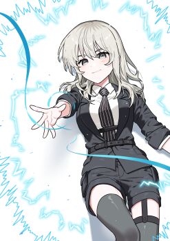 1girl absurdres black_jacket black_necktie black_shorts blush closed_mouth commentary foreshortening garter_straps girls_band_cry grey_eyes grey_hair grey_thighhighs habsida_(habsida_hpy) highres jacket kawaragi_momoka long_hair multicolored_hair necktie roots_(hair) shorts single_garter_strap solo thighhighs three-quarter_sleeves