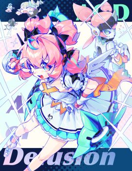 Rule 34 | 3girls, aqua hair, aqua streaks, aria (human) (zenless zone zero), aria (robot) (zenless zone zero), aria (zenless zone zero), arm garter, blue eyes, collarbone, commentary request, crossed bangs, detached collar, dress, dual persona, fingerless gloves, flying sweatdrops, gloves, hair between eyes, hand on own hip, highres, humanoid robot, looking at viewer, megaphone, multicolored hair, multiple girls, nangong yu, one eye closed, open mouth, pink gloves, pink hair, quad tails, robot, robot girl, shoes, star-shaped pupils, star (symbol), streaked hair, sunna (zenless zone zero), symbol-shaped pupils, v, v over eye, white dress, white shoes, white wings, wifi12341234, wings, zenless zone zero