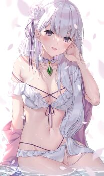 Rule 34 | 1girl, bare shoulders, bikini, blunt bangs, blush, breasts, cleavage, cross-laced clothes, detached collar, elf, emilia (re:zero), flower, gem, green gemstone, hair flower, hair ornament, hair ribbon, highres, kuroki (ma-na-tu), large breasts, long hair, looking at viewer, low-tied long hair, medium breasts, navel, off-shoulder bikini, off shoulder, open clothes, open mouth, pointy ears, purple eyes, purple ribbon, re:zero kara hajimeru isekai seikatsu, ribbon, rose, silver hair, simple background, smile, swimsuit, thighs, water, white background, white bikini, white flower, white rose, x hair ornament