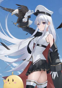 1girl azur_lane bare_shoulders black_coat black_necktie black_skirt black_thighhighs blue_sky blush breasts coat commentary_request cowboy_shot enterprise_(azur_lane) enterprise_(soaring_wings_of_freedom)_(azur_lane) feathers gloves grim_(azur_lane) hat highres legs_together long_hair looking_at_viewer manjuu_(azur_lane) medium_breasts military_hat necktie off_shoulder official_alternate_costume outdoors pleated_skirt purple_eyes shian-chu shirt skirt sky sleeveless sleeveless_shirt solo thighhighs very_long_hair white_gloves white_shirt