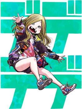 absurdres asano_inio blonde_hair blue_eyes buck_teeth crossdressing dead_dead_demons_de_dedede_destruction highres jacket open_mouth outstretched_arms print_jacket print_shirt shirt shoes short_shorts shorts simple_background sneakers tainuma_makoto teeth text_background