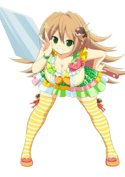 Rule 34 | 1girl, border, breasts, brown hair, cleavage, collarbone, crab, dress, frilled dress, frills, game cg, green eyes, grin, hair between eyes, hanging breasts, holding, holding spatula, idol clothes, karasu (senran kagura), large breasts, leaning forward, leopard print dress, long hair, looking at viewer, multicolored dress, multicolored skirt, official art, orange shoes, oversized object, senran kagura, senran kagura new wave, shoes, simple background, skindentation, skirt, sleeveless, sleeveless dress, smile, solo, spatula, standing, takoyaki hair ornament, teeth, thighhighs, v, v-shaped eyebrows, white background, yellow thighhighs