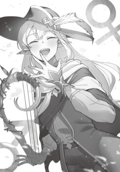 Rule 34 | 1girl, :d, capelet, danmachi eiyuutan argonaut, dungeon ni deai wo motomeru no wa machigatteiru darou ka, elf, facing viewer, greyscale, hand up, hat, hat feather, highres, holding, holding instrument, holding lyre, instrument, kakage, laughing, long hair, lyre, mars symbol, monochrome, novel illustration, official art, open mouth, pointy ears, ryulu (danmachi), smile, solo, third-party source, venus symbol