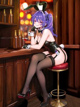 1girl alternate_costume animal_ear_hairband animal_ears artist_name bar_counter bar_stool black_bow black_bowtie black_gloves black_shoes black_thighhighs bottle bow bowtie cocktail_glass commentary cup detached_collar doosimpshmirtz drinking_glass english_commentary fake_animal_ears fake_tail fingerless_gloves full_body garter_straps girls&#039;_frontline gloves hairband high_heels highres id_card indoors k11_(girls&#039;_frontline) looking_at_viewer open_mouth patent_heels playboy_bunny pumps purple_eyes purple_hair rabbit_ears rabbit_tail red_soles shelf shoes side_ponytail sitting smile solo stiletto_heels stool tail thighhighs twitter_username white_mouth white_wrist_cuffs wrist_cuffs