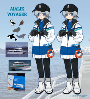 1girl artist_name baseball_cap binoculars bird blue_eyes boat character_name collared_shirt commentary english_commentary full_body glasses gloves grey_hair hat holding holding_binoculars jacket lapithai lifebuoy long_sleeves low_ponytail orca original otter pantyhose partially_unzipped personification photo_background photo_inset pleated_skirt ponytail puffin reference_inset seal_(animal) shirt short_hair skirt smile socks swim_ring watercraft whale