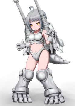 1girl ahoge android armor bikini_armor breasts cosplay full_body garuda_(godzilla) gauntlets godzilla_(series) godzilla_vs._mechagodzilla_ii greaves highres looking_at_viewer mechagodzilla mechagodzilla_(cosplay) mechanical_tail medium_breasts personification shoulder_cannon solo standing super_mechagodzilla super_mechagodzilla_(cosplay) tail tochinosuke toho yellow_eyes