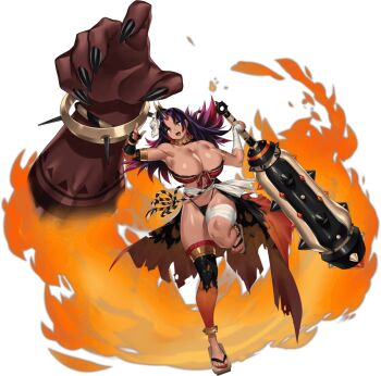 1girl armor breasts brown_eyes dark-skinned_female dark_skin full_body game_asset huge_breasts kyonyuu_fantasy_burst mask mask_on_head nail_polish navel official_art oni purple_hair sandals third-party_source toenail_polish toenails weapon