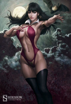 1girl armlet armpits bat_(animal) black_hair blue_eyes bracelet breasts cleavage cloud collar earrings covered_erect_nipples female_focus full_moon highres jewelry large_breasts long_hair moon night one-piece_swimsuit outstretched_arm parted_lips revealing_clothes stanley_lau swimsuit thighhighs vampirella vampirella_(character)