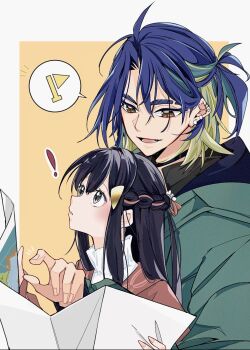 1boy 1girl adaman_(pokemon) akari_(pokemon) alternate_costume black_hair black_shirt blonde_hair blue_hair blush braid brown_eyes coat cocoa_s3 collar ear_piercing earrings eyebrow_cut flag green_hair green_jacket grey_eyes hair_ornament hair_ribbon highres holding holding_map jacket jewelry long_hair long_sleeves map multicolored_hair nintendo open_mouth parted_lips piercing pokemon pokemon_legends:_arceus red_shirt ribbon shirt sidelocks smile speech_bubble white_collar