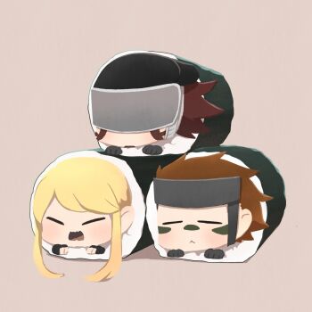 1girl 2boys :< =_= black_helmet blonde_hair brown_hair chibi chibi_only covered_eyes facepaint food forehead_protector fuuma_kotarou_(sengoku_basara) gloves grey_gloves helmet highres in_food kasuga_(sengoku_basara) light_brown_background makizushi multiple_boys no_mouth open_mouth red_hair sarutobi_sasuke_(sengoku_basara) sengoku_basara short_hair short_hair_with_long_locks simple_background surushiru sushi