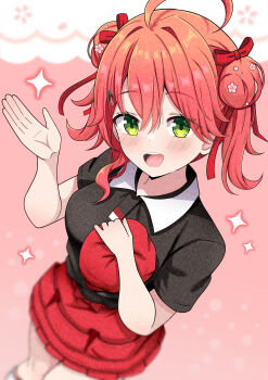 1girl absurdres black_shirt blush collar detached_collar double_bun green_eyes hair_bun highres hololive hosinonana looking_at_viewer medium_hair pink_hair red_skirt sakura_miko shirt skirt smile solo teeth two_side_up upper_teeth_only virtual_youtuber white_collar