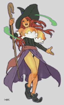 1girl breasts copyright_request dragon&#039;s_crown female_focus full_body hat holding holding_staff huge_breasts krokedrilo large_areolae long_hair non-web_source red_hair shoes shouting signature skirt solo sorceress_(dragon&#039;s_crown) spell staff witch witch_hat