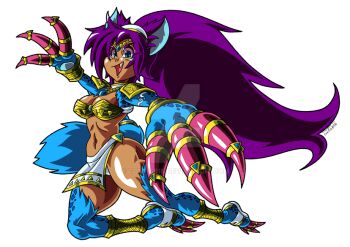Rule 34 | 1girl, armor, bastemon, bastemon (cosplay), blue eyes, breasts, calws, claws, confis816, digimon, fang, jewelry, long hair, purple eyes, ring, shantae, shantae (series), tail, transparent background