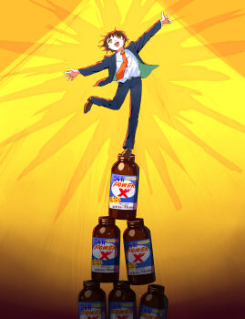 Rule 34 | 1boy, @ @, absurdres, avogado6, belt, brown shoes, collared shirt, commentary request, drooling, energy shot, highres, jacket, male focus, messy hair, necktie, open mouth, original, outstretched arms, pants, red necktie, salaryman, shirt, shirt partially tucked in, shoes, simple background, solo, spread arms, standing, standing on one leg, suit jacket, symbolism, white shirt, yellow background, yellow eyes