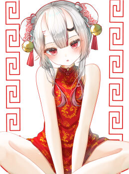 1girl absurdres bare_shoulders bell blush breasts bun_cover china_dress chinese_clothes commentary_request double_bun dress hair_bell hair_bun hair_ornament highres hololive horn_ornament horn_ring horns long_hair looking_at_viewer nakiri_ayame ohagetty parted_lips red_dress red_eyes skin-covered_horns sleeveless sleeveless_dress small_breasts virtual_youtuber white_background