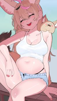 1girl animal_ears belly bloated blonde_hair blue_shorts breasts cleavage closed_eyes collarbone crop_top denim denim_shorts fingernails food food_on_face fox_ears fox_girl fox_tail hair_between_eyes highres hololive knee_up long_hair midriff multicolored_hair nail_polish navel omaru_polka open_mouth pink_streaks short_shorts shorts sitting skindentation smile solo_focus streaked_hair tail tank_top torn_clothes torn_shorts virtual_youtuber white_tank_top yuuppi zain_(omaru_polka)