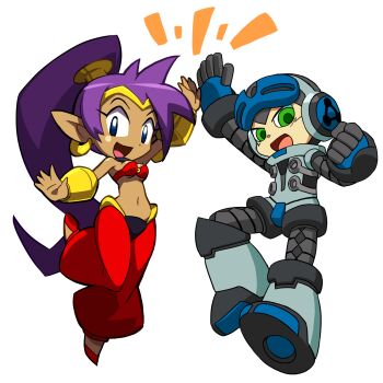 Rule 34 | 1boy, 1girl, beck (mighty no. 9), belly dancer, blue eyes, breasts, company connection, crossover, dark skin, earrings, english text, full body, green eyes, hair tubes, harem pants, helmet, high five, highres, hoop earrings, jewelry, long hair, lots of jewelry, midriff, mighty no. 9, monochrome, navel, official art, open mouth, pants, pointy ears, ponytail, purple hair, robot, shantae, shantae (series), smile, tiara, transparent, transparent background, very long hair, wayforward, yabe makoto