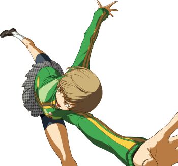 1girl bike_shorts brown_eyes brown_hair buttons highres houndstooth jacket kicking kneehighs official_art open_mouth persona persona_4 persona_4:_the_ultimate_in_mayonaka_arena satonaka_chie shoes short_hair skirt socks soejima_shigenori solo third-party_source tomboy track_jacket transparent_background