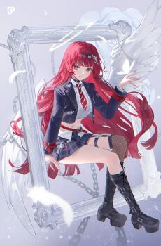 1girl absurdres angel angel_wings belt belt_buckle belt_collar black_belt black_boots black_choker black_jacket black_skirt black_socks blazer blunt_bangs boots broken_halo buckle buttons center_frills chain choker collar collared_jacket collared_shirt commentary_request criss-cross_halter crop_top cropped_shirt cross cross_print dot_nose eyelashes feathered_wings fishnet_socks fishnets flower frills full_body gradient_background grey_background hair_ornament hairclip halo halterneck hanavi_ruvi heart_button highres indie_virtual_youtuber invisible_chair jacket knee_boots korean_commentary lapels light_particles long_hair midriff miniskirt multiple_belts navel necktie notched_lapels open_clothes open_jacket open_mouth outstretched_hand over-kneehighs plaid_clothes plaid_skirt platform_boots pleated_skirt red_belt red_eyes red_hair red_necktie ribbed_socks rity rose second-party_source shirt shoe_belt single_over-kneehigh single_thighhigh sitting skirt sleeve_belt smile socks solo spiked_halo spread_wings stomach striped_necktie teeth thigh_belt thigh_strap thighhighs traditional_halo tsurime very_long_hair virtual_youtuber white_flower white_halo white_rose white_shirt white_wings wings