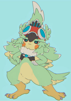 bird_girl bird_tail black_eyes blush_stickers bottomless core_crystal_(xenoblade) crop_top feather_hair finch_(xenoblade) fur_collar furry furry_female goggles goggles_on_head green_hair green_pupils gyoen_(gyogyogyoen) highres monster_girl tail talons xenoblade_chronicles_(series) xenoblade_chronicles_2