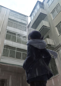1girl absurdres an_yb apartment balcony black_coat black_hair black_pantyhose blue_scarf blue_skirt breath building coat commentary earphones folded_ponytail from_behind from_below grey_sky hands_in_pockets highres original outdoors pantyhose scarf skirt sky snowing solo window