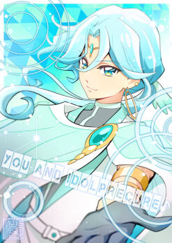 Rule 34 | 1boy, arm cuffs, artist logo, bare arms, belt, brooch, cloak, cure connect, earrings, feathered wings, feathers, forehead jewel, gloves, green cloak, green eyes, green hair, hair ornament, half gloves, hibiki kaito, highres, hoop, hoop earrings, jewelry, kamikita futago, kimi to idol precure, logo, long hair, looking at viewer, low-tied long hair, mature male, metal arm cuffs, multiple earrings, parted bangs, precure, reaching, reaching towards viewer, solo, solo focus, striped background, upper body, wings