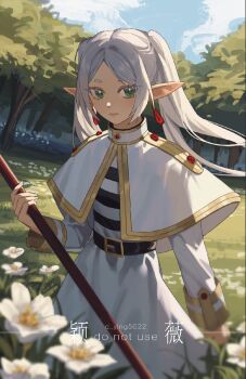 1girl belt belt_buckle black_belt buckle capelet closed_mouth cowboy_shot d_ying5022 earrings elf field flat_chest flower flower_field forest frieren gold_trim green_eyes grey_hair highres holding holding_staff jacket jewelry long_hair looking_at_viewer nature outdoors parted_bangs pointy_ears shirt skirt solo sousou_no_frieren staff striped_clothes striped_shirt tree twintails white_capelet white_flower white_jacket white_skirt