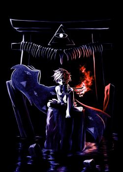 1girl asymmetrical_wings barefoot black_eyes bone buttons commentary_request dark disembodied_eye eye_of_providence fiery_wings fire fossilized_wonders frown full_body glowing half_mask highres iwanaga_ariya mask rusnrg1 shirt short_hair sitting skeletal_wings skirt solo spotlight stone_pillar torii touhou triangle water wings