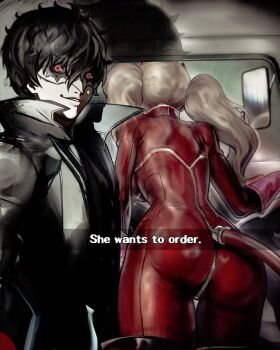 1boy 1girl amamiya_ren ass black_coat black_hair blonde_hair bodysuit car_interior catsuit chapinor coat domino_mask english_text eye_mask full-length_zipper gloves he_wants_to_order_(meme) highres joker_(persona_5) latex latex_bodysuit mask meme panther_(persona_5) persona persona_5 pink_gloves red_bodysuit red_eyes revision takamaki_anne twintails zipper