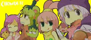 2boys 2girls animal_ears animification burger ceviche_(chowder) chowder chowder_(character) dual_persona fang food gorgonzola gorgonzola_(chowder) hat horns multiple_boys multiple_girls panini_(chowder) simple_background tsunoji