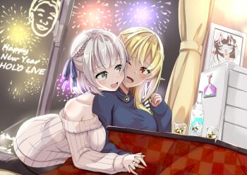 Rule 34 | alternate costume, blonde hair, blush, braid, breasts, cameo, cleavage, couple, dark-skinned female, dark elf, dark skin, elf, green eyes, grey hair, hair between eyes, hair down, highres, holding hands, hololive, jewelry, large breasts, long hair, medium hair, multicolored hair, multiple girls, off-shoulder sweater, off shoulder, official alternate hair length, official alternate hairstyle, open mouth, pointy ears, red eyes, ring, ryuunagi hyouga, shiranui flare, shirogane noel, shirogane noel (casual), sidelocks, smile, snowflake choker, streaked hair, sweater, uruha rushia, usada pekora, virtual youtuber, wavy hair, wedding ring, white hair, white sweater, wife and wife, yagoo