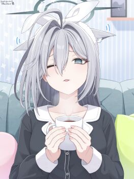 1girl ;&lt; ;p ahoge animal_ear_fluff animal_ears artist_name black_shirt blue_archive blue_eyes cat&#039;s_tongue collarbone commentary couch cup dated ears_down extra_ears grey_hair hair_between_eyes halo highres holding holding_cup hot_chocolate indoors k-d long_hair long_sleeves looking_at_viewer mug one_eye_closed pillow shiroko_terror_(blue_archive) shirt solo straight-on tearing_up tongue tongue_out upper_body wince wolf_ears
