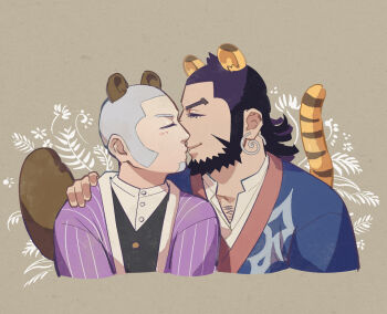 2boys animal_ears beard black_hair buttons chest_hair closed_eyes commentary_request earrings eyelashes facial_hair foxvulpine golden_kamuy grey_hair hand_on_another&#039;s_shoulder japanese_clothes jewelry kemonomimi_mode kiroranke kiss male_focus mature_male multiple_boys raccoon_ears raccoon_tail shiraishi_yoshitake short_hair sideburns tail tiger_ears tiger_tail upper_body yaoi