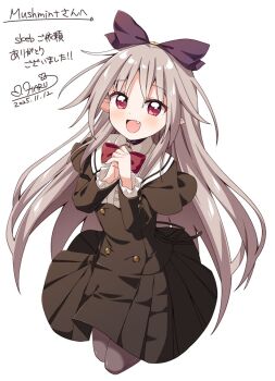 1girl :d aoi_tori_(purple_software) black_dress black_pantyhose blush bow bowtie buttons commentary_request commission dot_nose double-breasted dress fang full_body grey_hair hair_bow haru_(konomi_150) long_hair long_sleeves looking_at_viewer mary_harker open_mouth own_hands_together pantyhose pointy_ears purple_bow red_bow red_bowtie red_eyes sailor_collar simple_background skeb_commission smile solo white_background white_sailor_collar