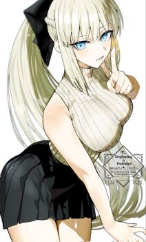 1girl black_bow black_skirt blue_eyes blush bow braid breasts fate/grand_order fate_(series) finger_to_mouth grey_hair hair_bow highres index_finger_raised kabosoi_mangaka large_breasts long_hair looking_at_viewer morgan_le_fay_(fate) parted_lips ponytail shushing sidelocks skirt sleeveless sleeveless_turtleneck solo sweater thighs turtleneck turtleneck_sweater very_long_hair white_sweater