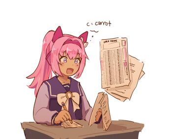 Rule 34 | 1girl, academic test, animal ears, blush, bow, bowtie, buruma, desk, ear bow, ear covers, flower-shaped pupils, flower in eye, hairband, haru urara (umamusume), headband, holding, holding pencil, horse ears, horse girl, long hair, long sleeves, nonnormalguy, open mouth, pencil, pink buruma, pink eyes, pink hair, pink headband, ponytail, purple sailor collar, purple serafuku, purple shirt, red headband, sailor collar, sailor shirt, school desk, school uniform, serafuku, shirt, smile, solo, speech bubble, symbol-shaped pupils, symbol in eye, thought bubble, tracen school uniform, umamusume, white bow, white bowtie, writing