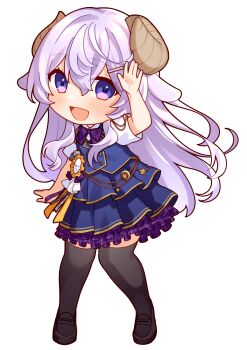 1girl absurdres animal_ears arm_up black_shoes black_thighhighs blue_skirt blue_vest bow bowtie chibi commentary_request curled_horns frilled_skirt frills hair_ornament hairclip hatena_(hoshimeguri_gakuen) highres horns hoshimeguri_gakuen loafers long_hair plaid_bow plaid_bowtie plaid_clothes purple_bow purple_bowtie purple_eyes purple_hair ribbon sheep_ears sheep_girl sheep_horns shirt shoes skirt solo star_(symbol) thighhighs tohyama_shage vest virtual_youtuber waving white_shirt zettai_ryouiki